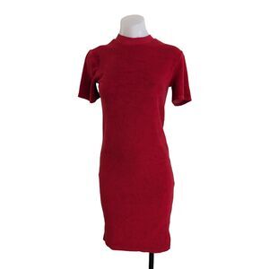 Brownlee Size Large Terry Midi Dress Red Mock Neck Side Slit Short Sleeves